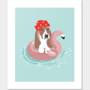 Summer pool pawty // aqua background basset hound dog breed in vacation playing on swimming pool float Posters and Art